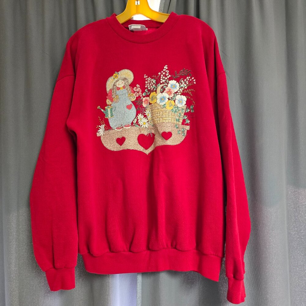 Grandma Sweater Vtg 90s Womens‎ XL Red Flower Hearts Crewneck Grannycore Cottage